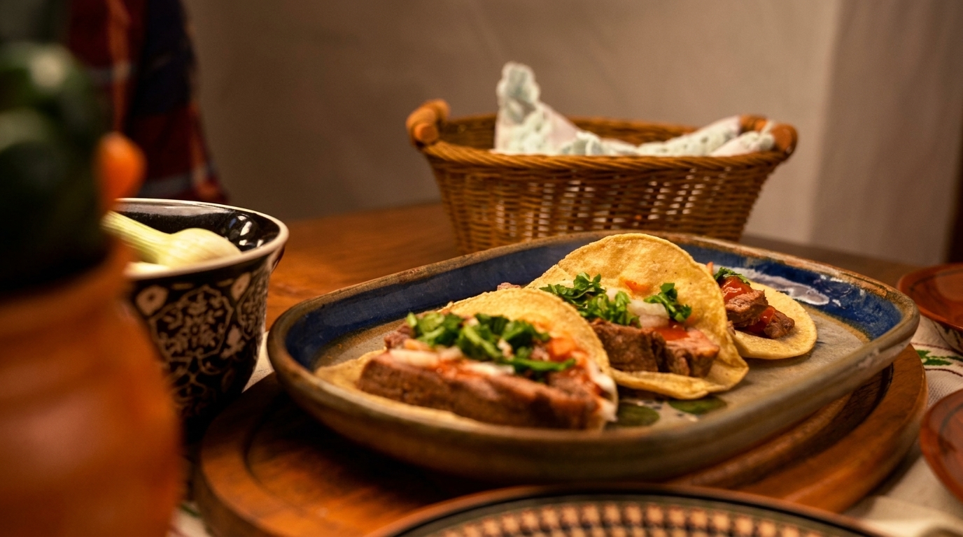 Three beef tacos with cilantro and onions on a blue plate, with a basket and bowl in the background.