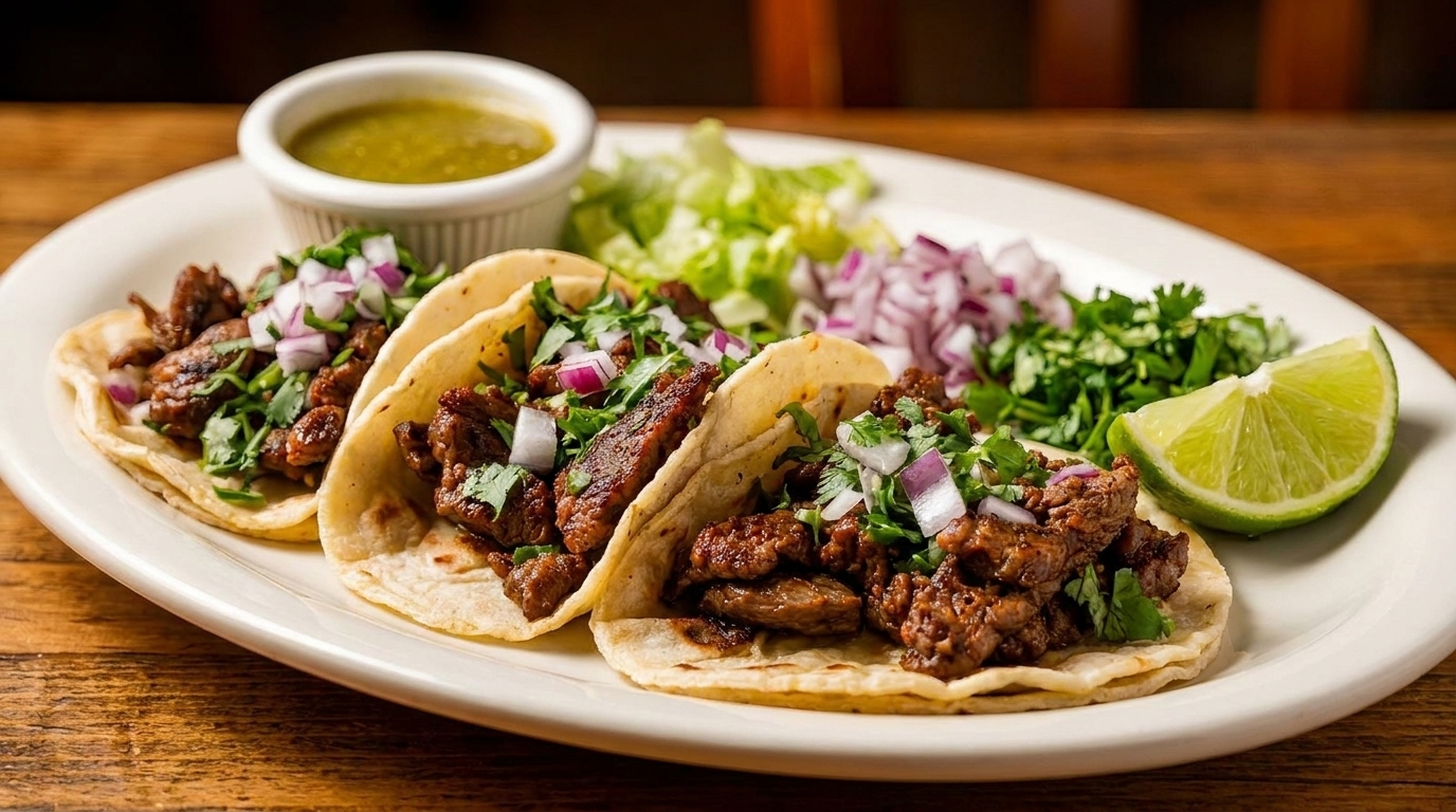 Three carne asada tacos with cilantro, onions, lime, and salsa verde on a white plate.