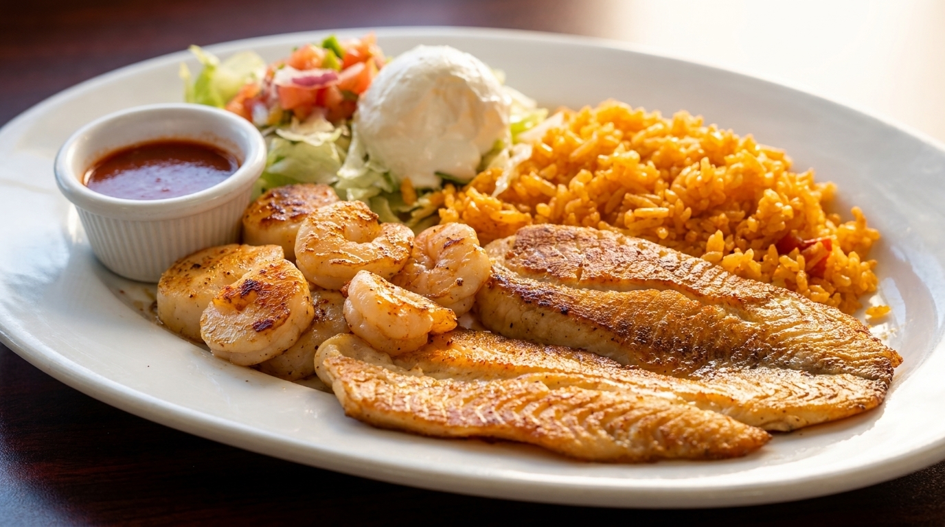 Seafood platter with grilled fish, shrimp, scallops, rice, salad, and a side of red sauce.