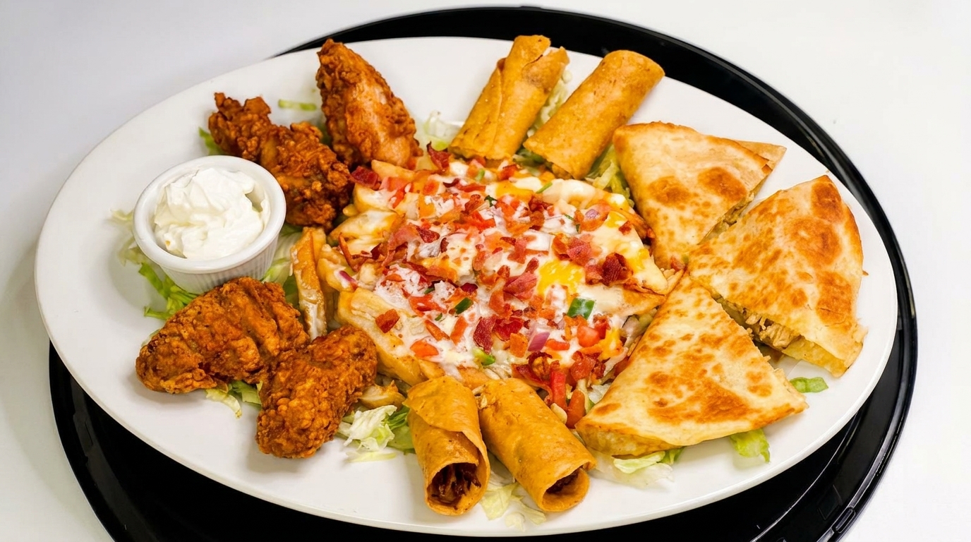 A large platter of fried chicken, loaded fries, quesadillas, and taquitos with a side of sour cream.