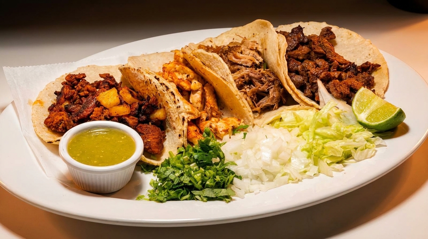 A plate of five diverse tacos with various fillings, salsa, cilantro, onions, lettuce, and a lime wedge.