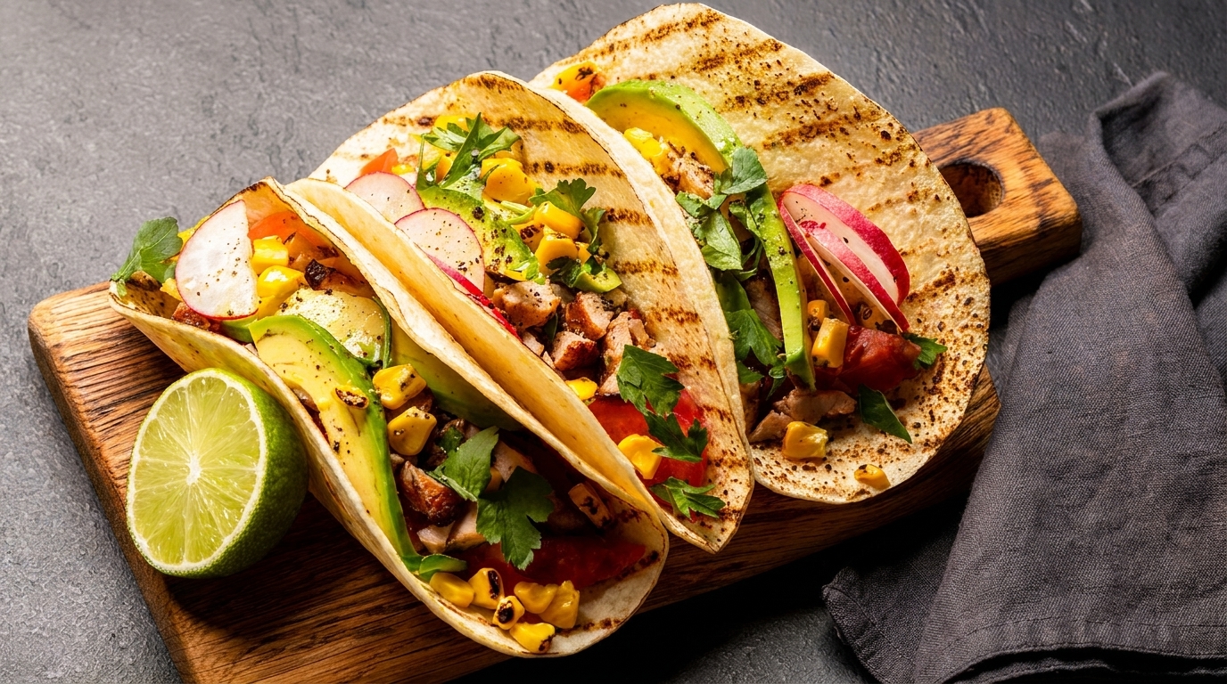 Three grilled tacos filled with chicken, avocado, corn, radishes, and cilantro, with a lime half.
