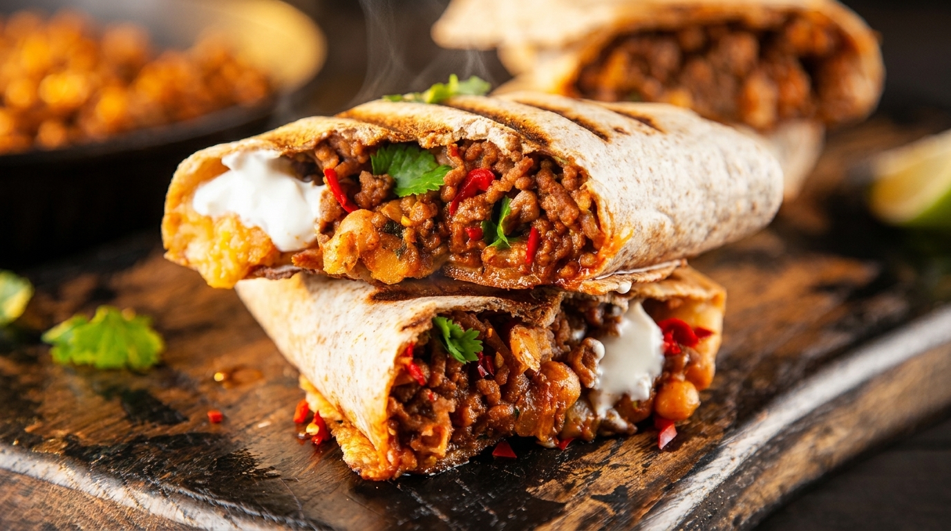 Two grilled burritos filled with seasoned meat, red peppers, and sour cream on a wooden board.