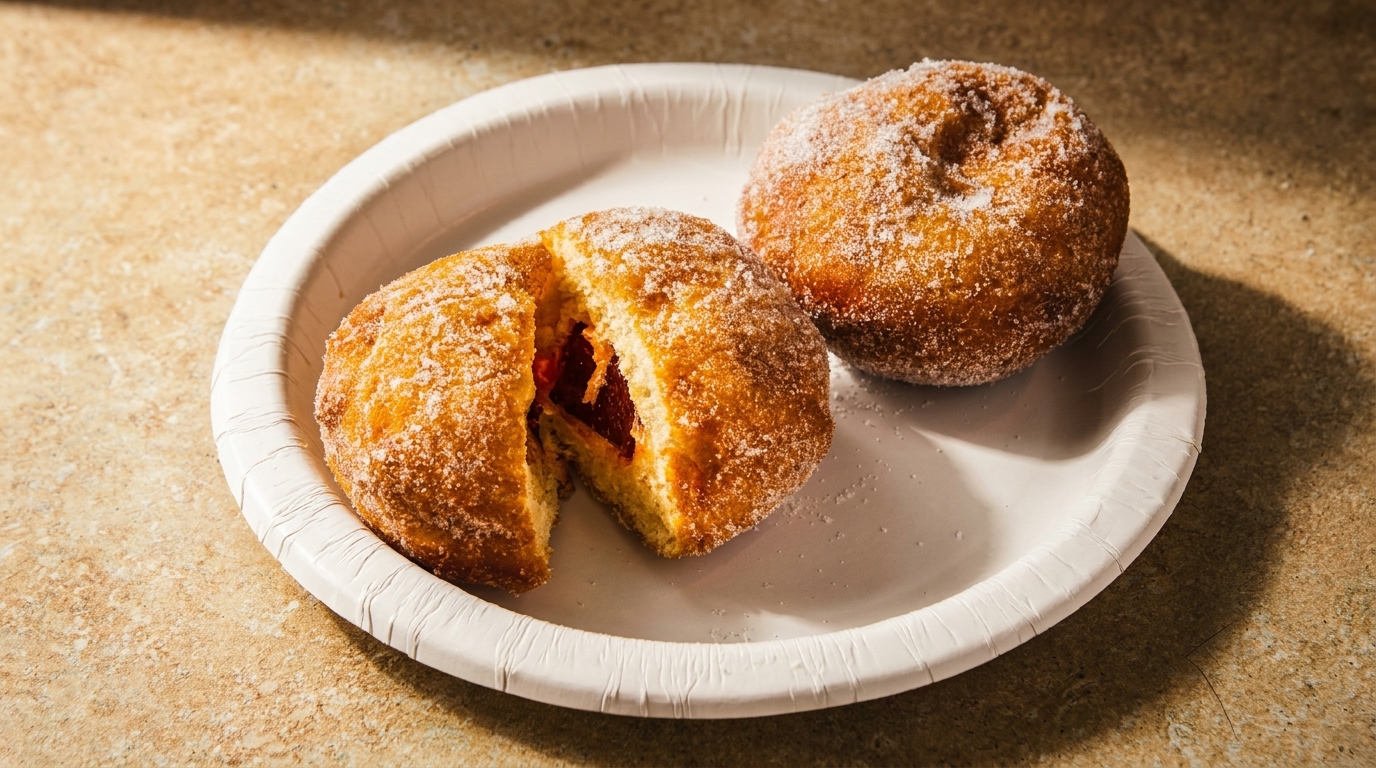 Two sugar-dusted donuts on a white paper plate, one split open revealing a red jelly filling.