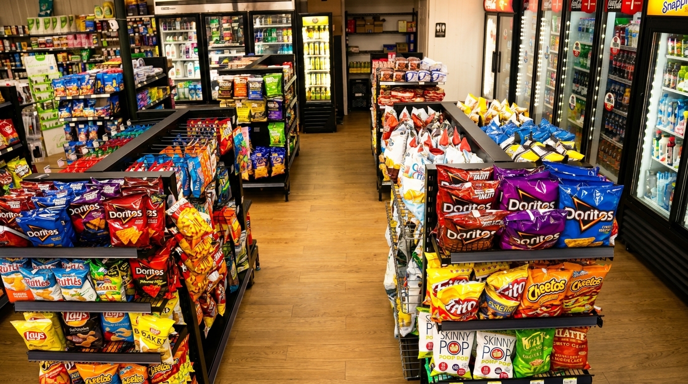 A brightly lit convenience store aisle with shelves full of chips, snacks, and drinks.