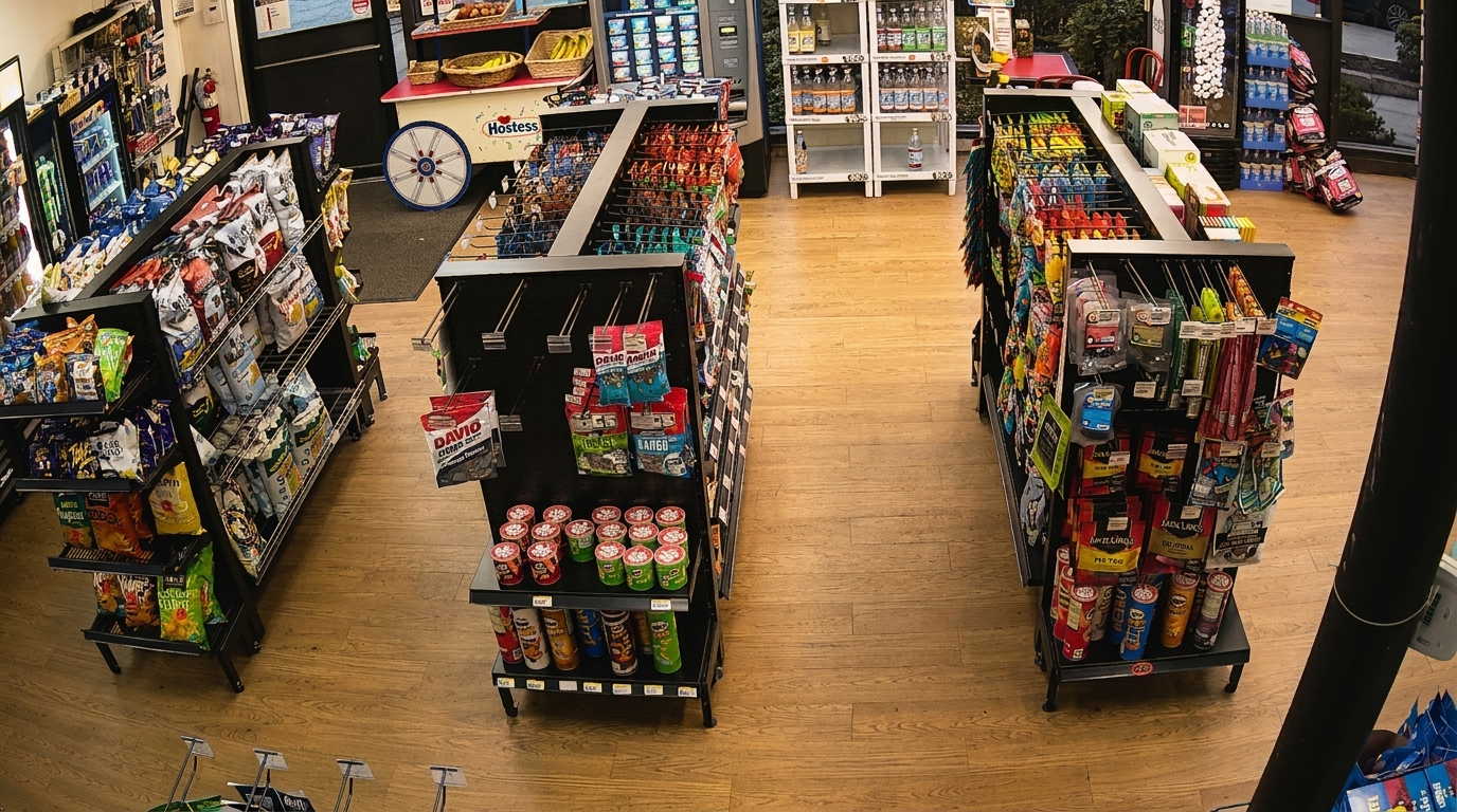 Overhead view of a convenience store aisle with shelves stocked with snacks, drinks, and various items.