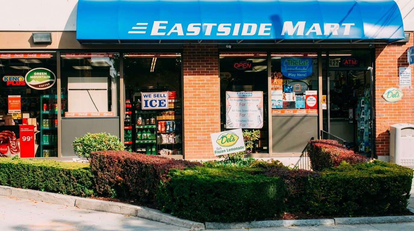 The exterior of Eastside Mart, a convenience store with a blue awning and brick facade.