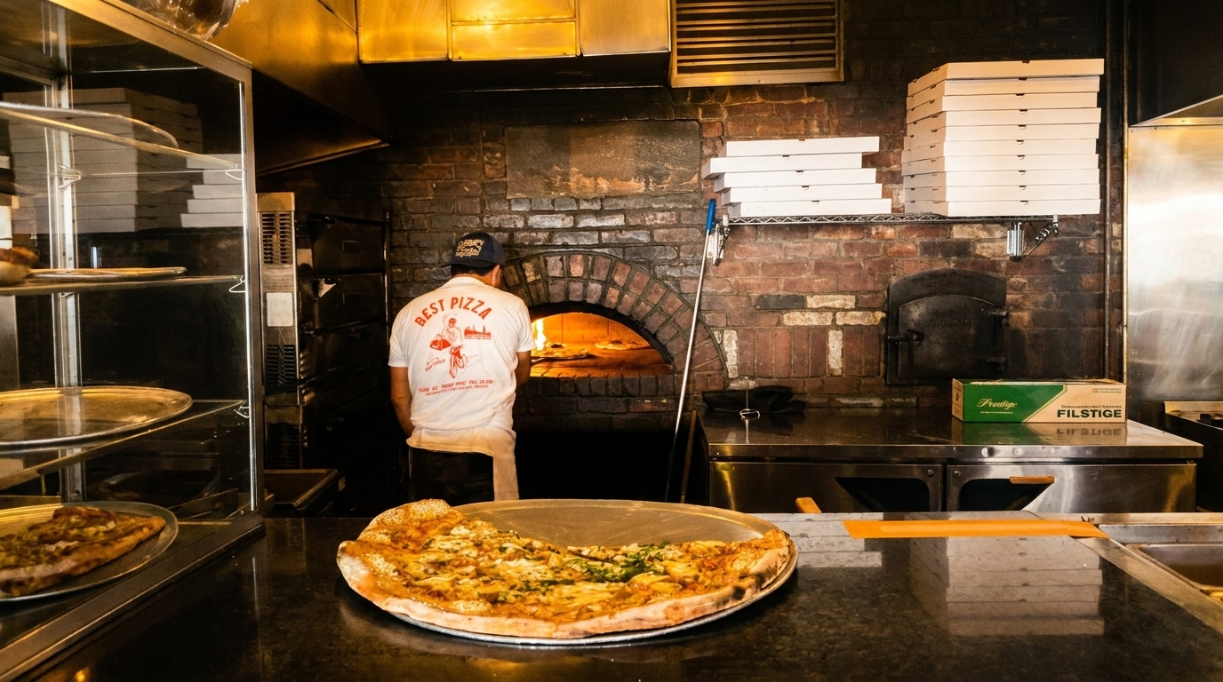 A pizza chef in a "Best Pizza" shirt works at a brick oven, with pizzas on the counter.