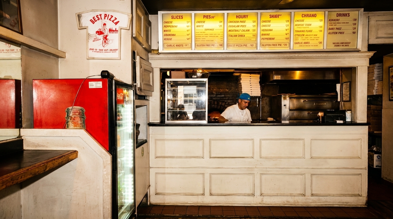 A pizza shop interior with a chef behind the counter, menu boards, and a red refrigerator.