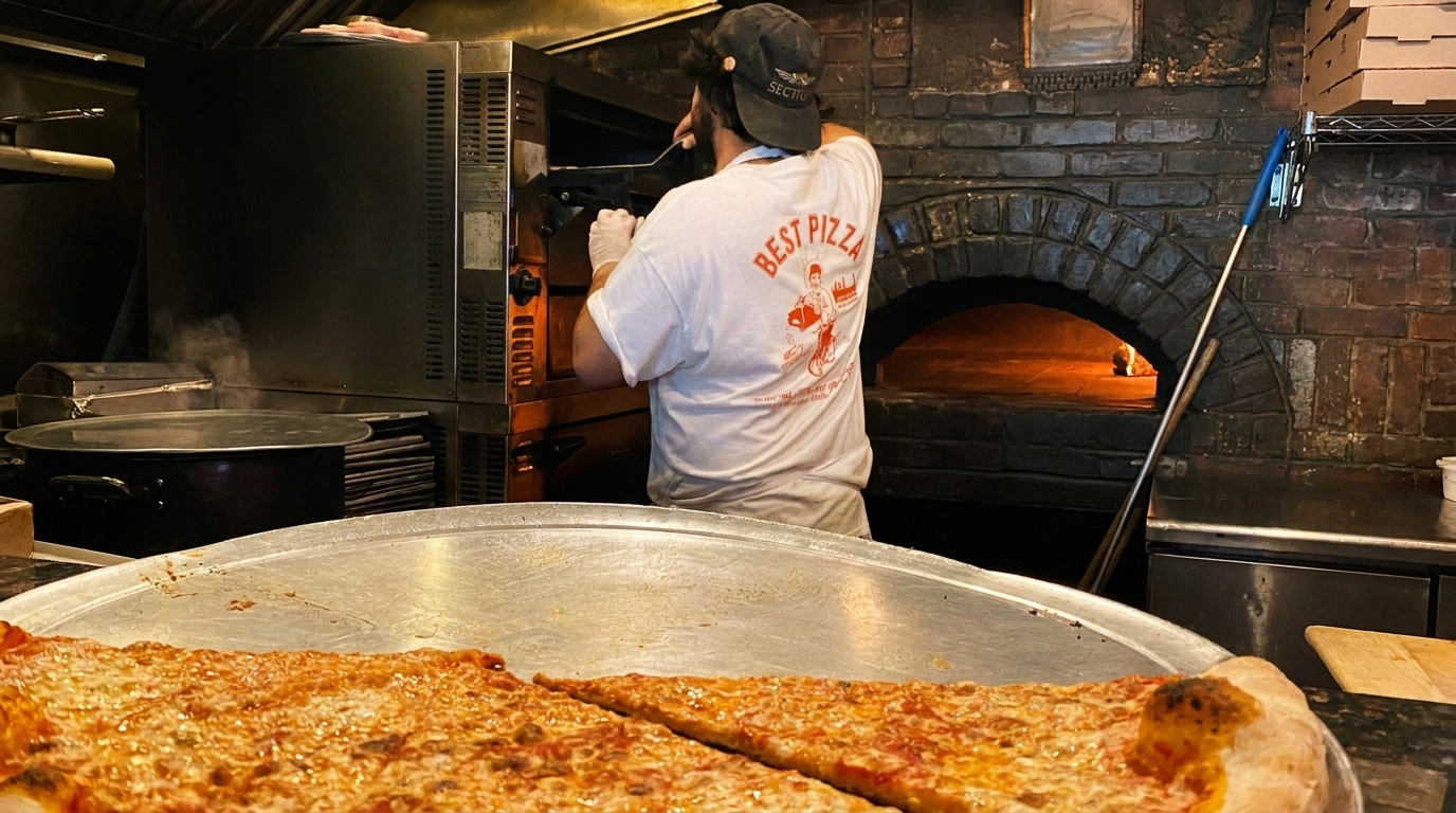 A pizza chef in a "Best Pizza" shirt works near a brick oven, with a large pizza in the foreground.