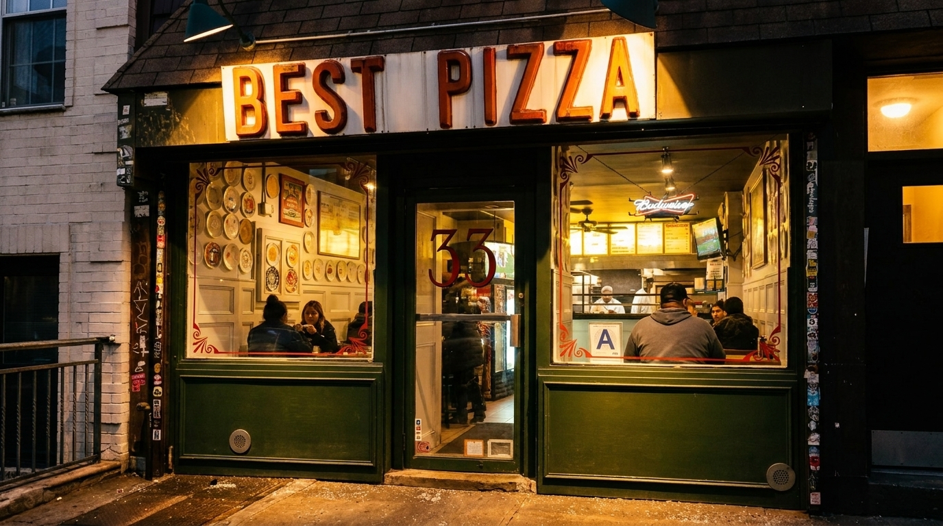 Exterior view of "BEST PIZZA" restaurant at night, with customers visible inside.