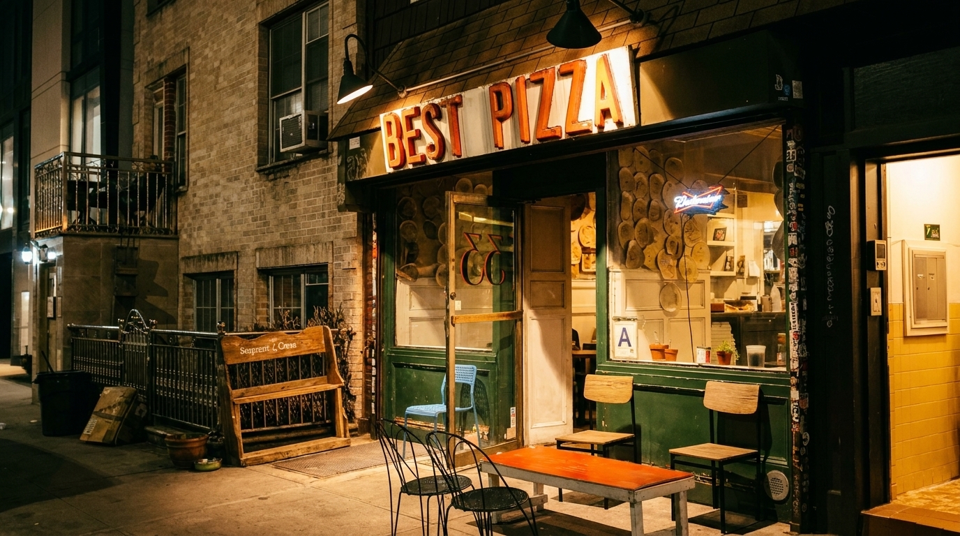 Night view of a pizza shop with a glowing "BEST PIZZA" sign and outdoor seating.