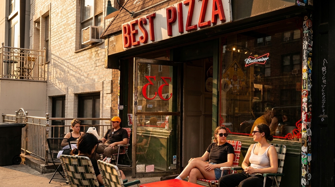 People relaxing on outdoor chairs in front of a pizza shop with a "Best Pizza" sign.