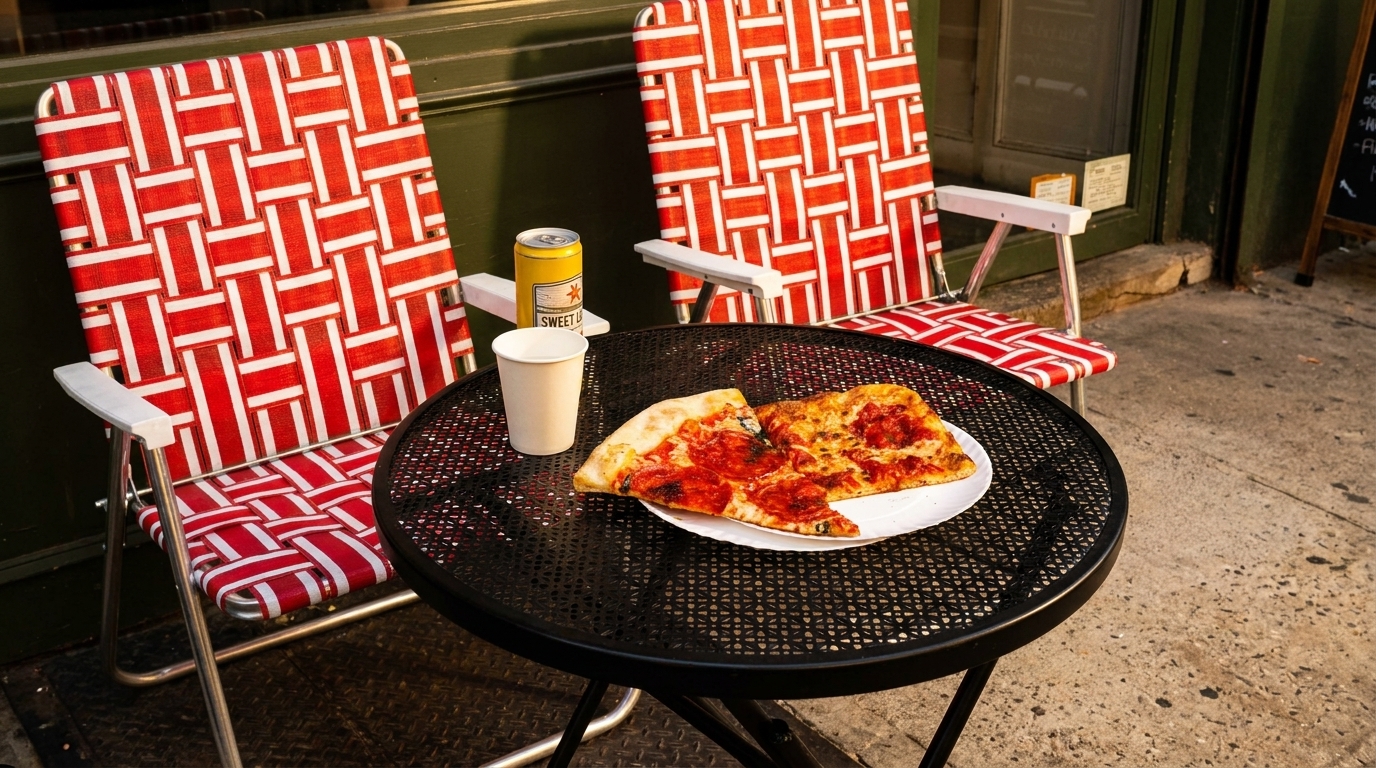 Two slices of pizza, a drink, and a beer can on a black patio table with red and white chairs.