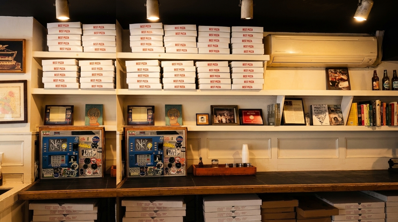 Shelves filled with stacks of "Best Pizza" boxes, books, and decorative items above a counter.