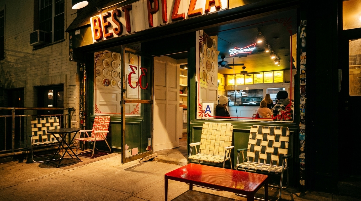 Exterior of a pizza shop at night, with outdoor seating and customers visible inside.