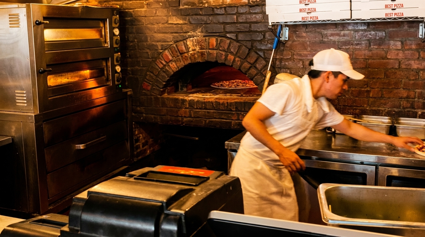 A pizza chef prepares a pizza next to a brick oven and stainless steel equipment.