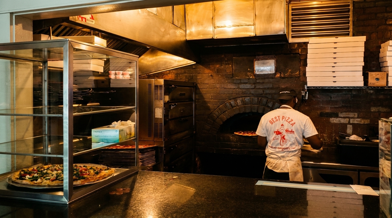A chef in a "Best Pizza" shirt puts a pizza into a brick oven in a restaurant kitchen.