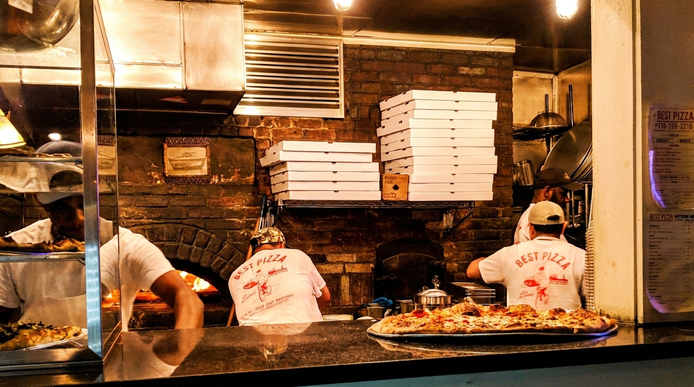 Pizzaiolos at Best Pizza working in a brick oven kitchen with pizzas and stacked boxes.