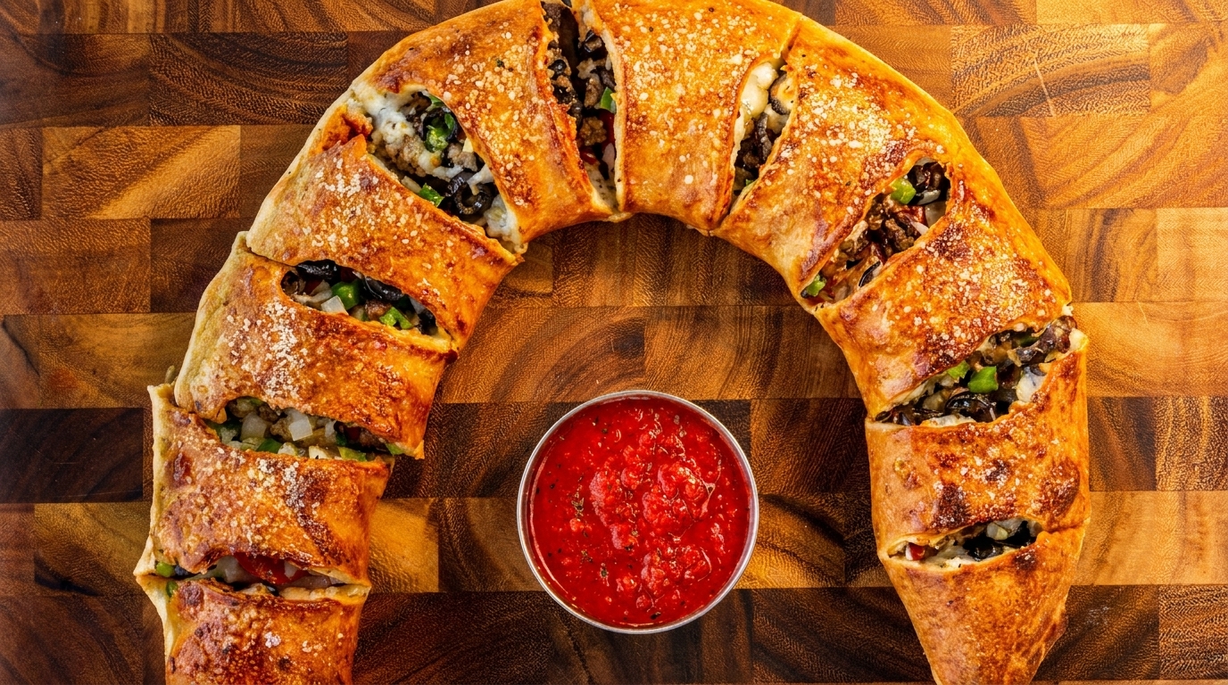 A golden-brown, crescent-shaped stromboli, sliced to reveal its savory filling, with a side of marinara sauce.