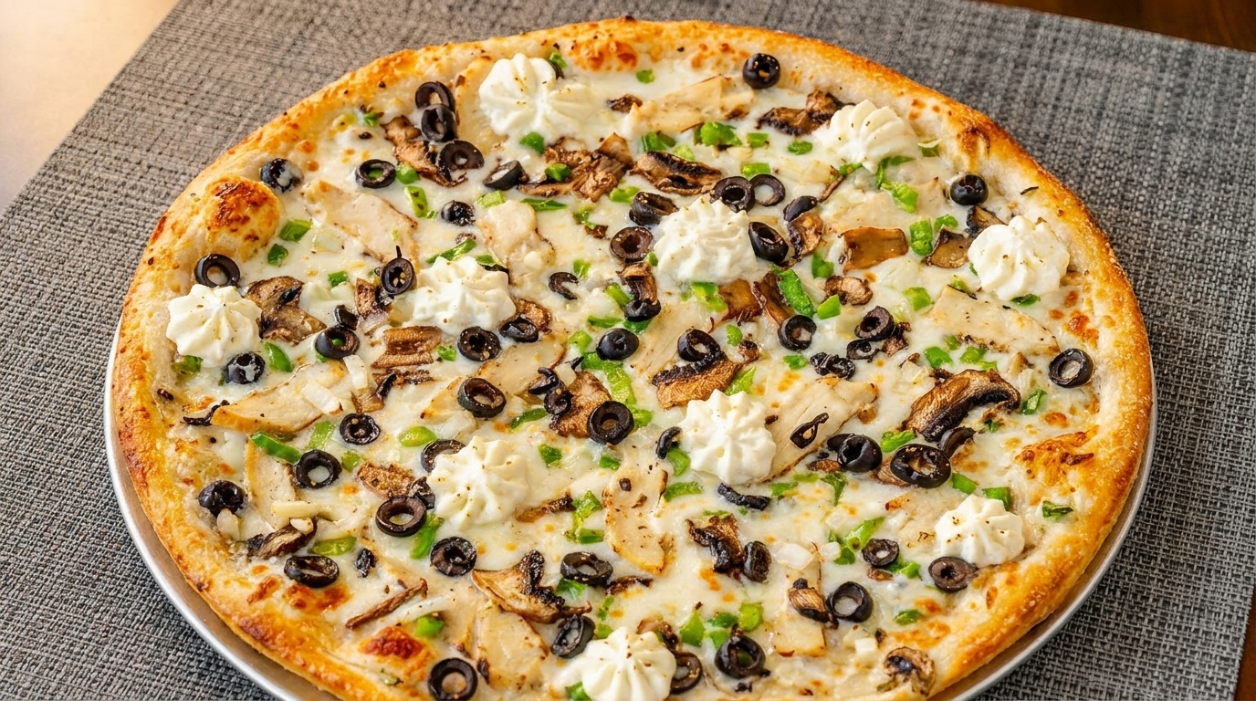 A white sauce pizza topped with chicken, mushrooms, black olives, green peppers, and dollops of ricotta cheese.