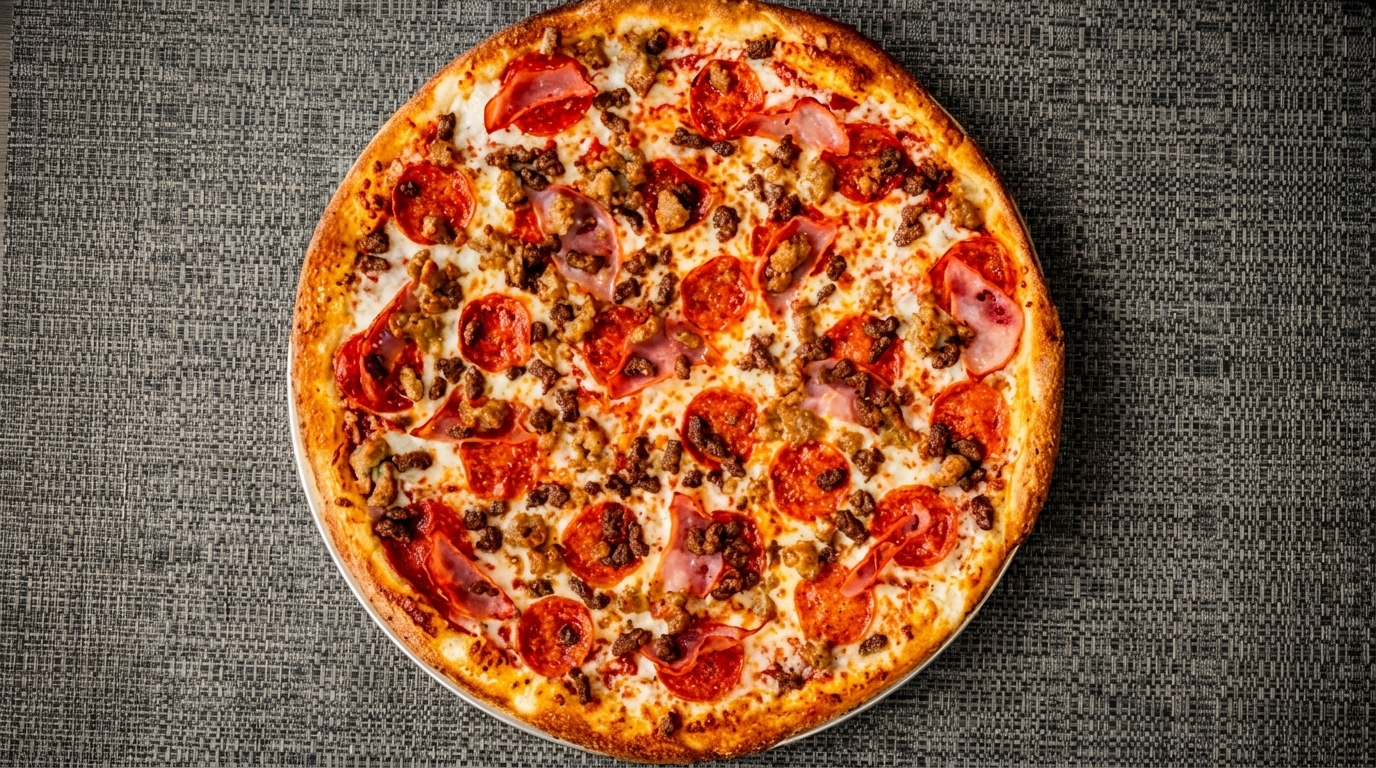 A whole, round meat lover's pizza with pepperoni, sausage, and ham on a dark textured surface.
