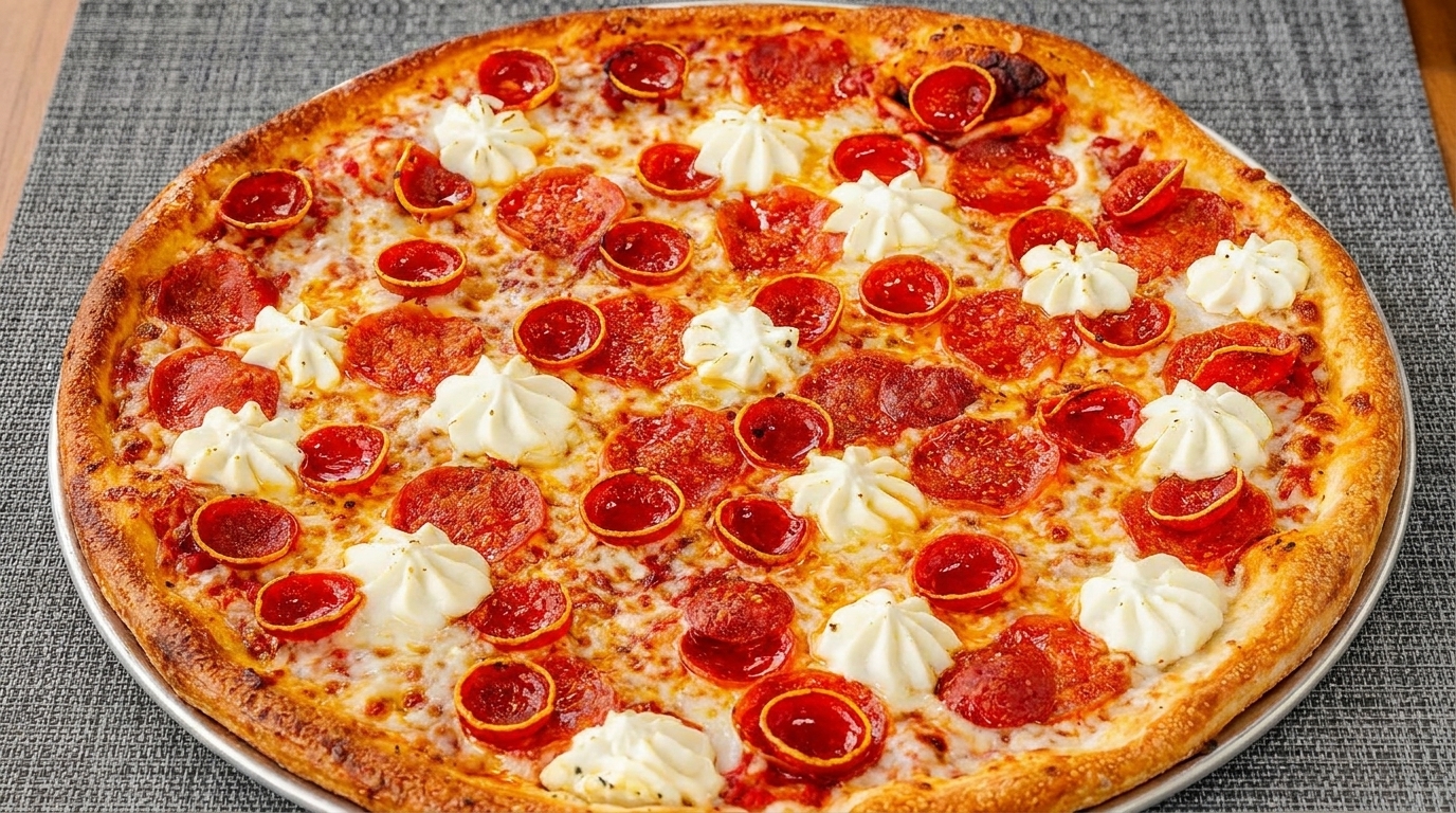 A large pepperoni pizza with dollops of white cheese, on a metal pan over a grey tablecloth.