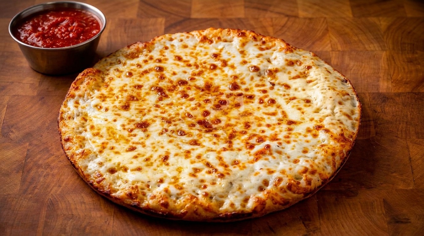A whole cheese pizza with a side of marinara sauce on a wooden cutting board.