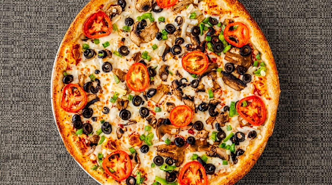 A whole vegetarian pizza topped with tomatoes, black olives, mushrooms, and onions.