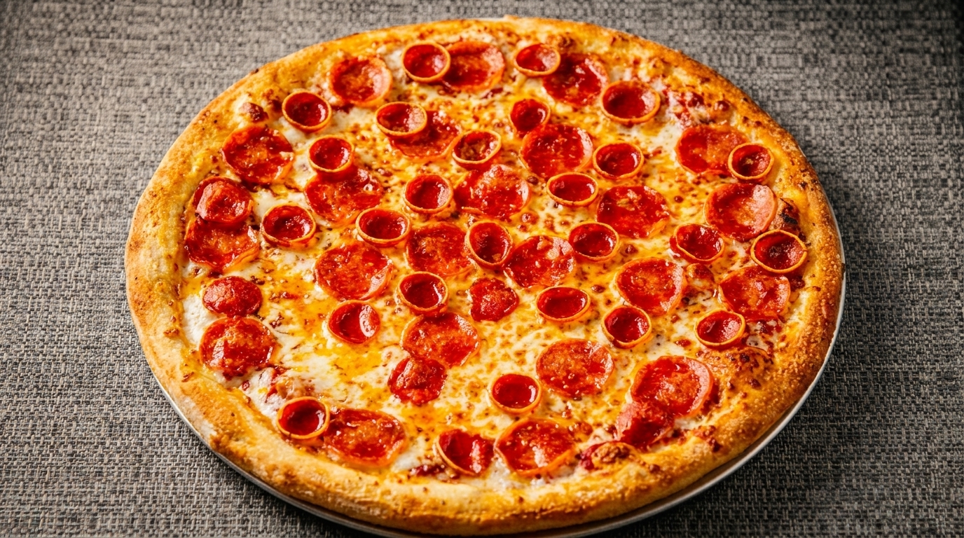A whole pepperoni pizza with a golden crust and melted cheese on a dark gray textured surface.