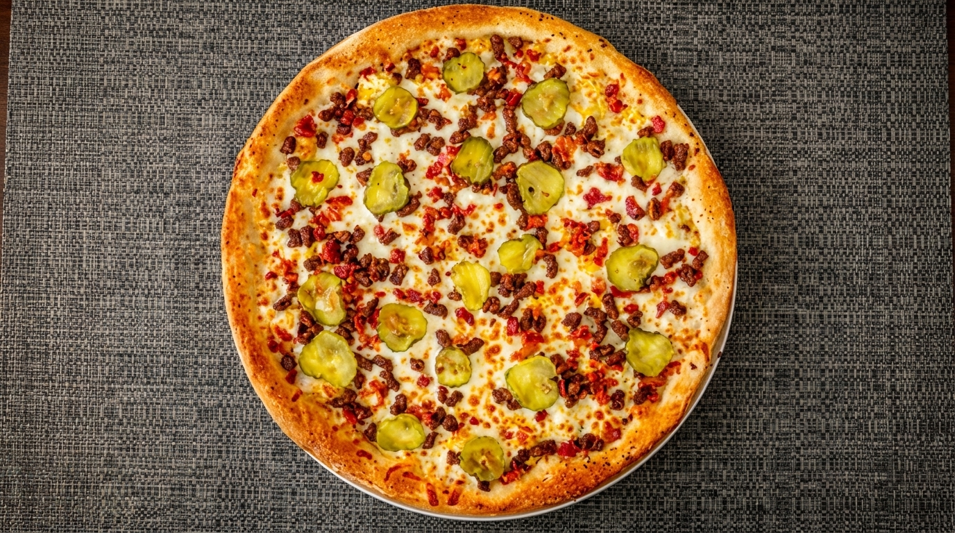 Cheeseburger pizza with melted cheese, ground beef, bacon bits, and pickle slices on a dark placemat.