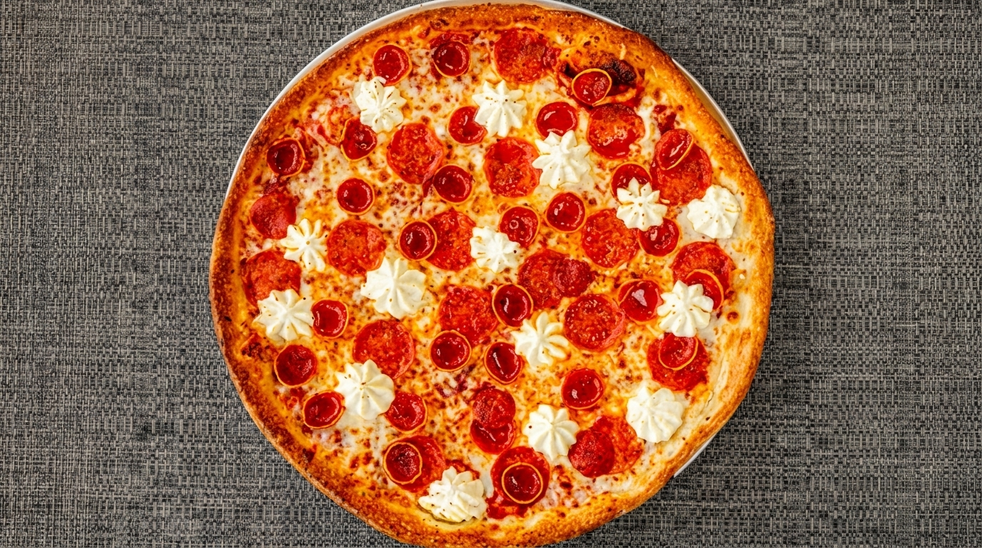 Overhead view of a pepperoni pizza with dollops of white cheese on a dark gray textured surface.