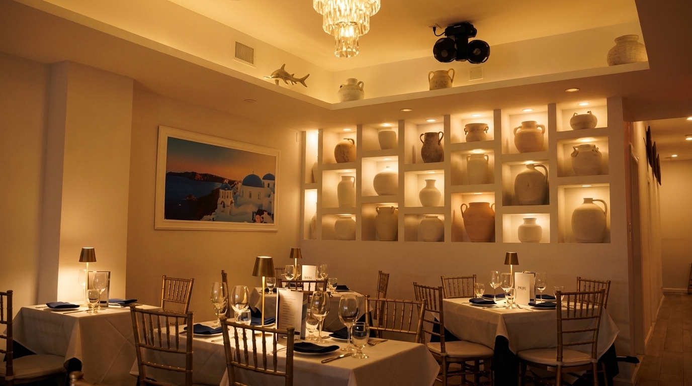 Warmly lit restaurant dining room with set tables, a large painting, and decorative pottery in wall niches.