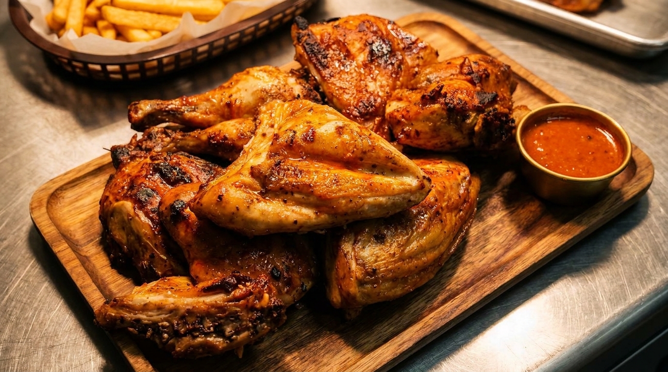 Grilled chicken pieces on a wooden tray with a side of sauce and a basket of fries.