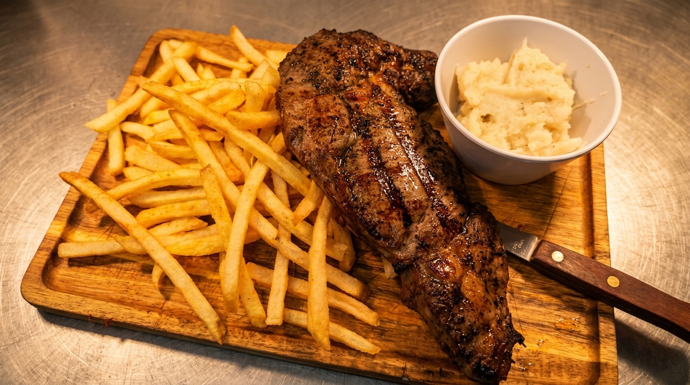 Grilled steak, golden french fries, and a side of mashed potatoes on a wooden board.