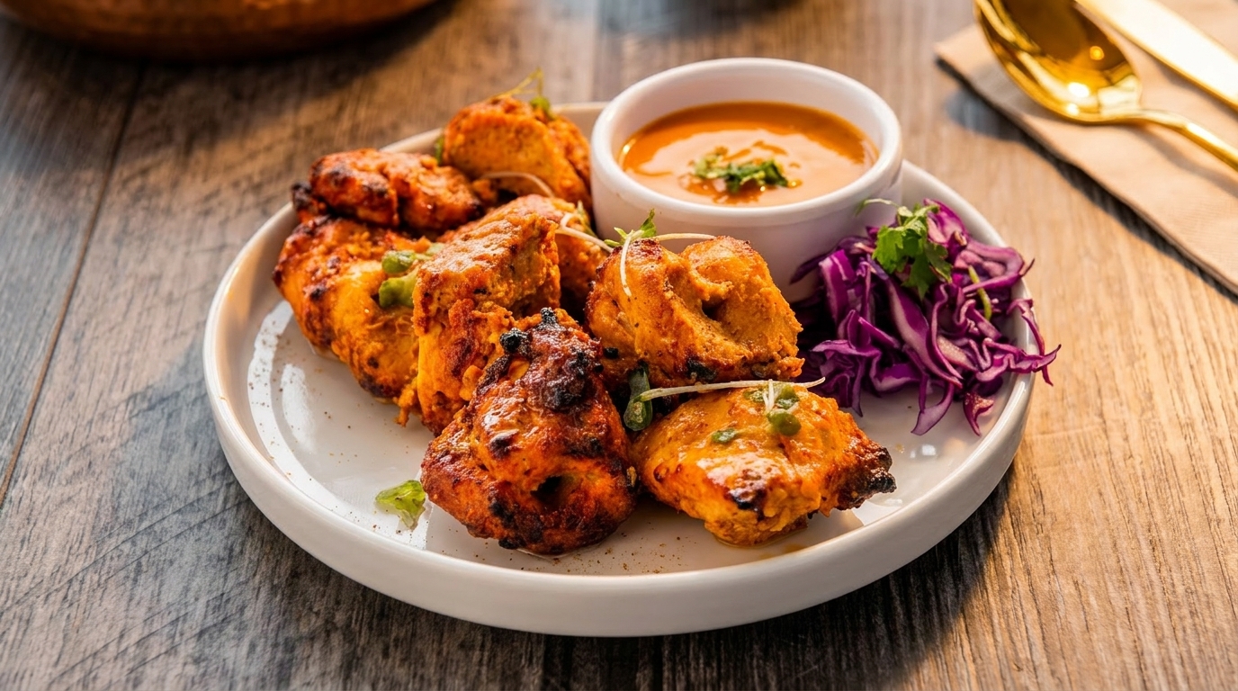 Chicken tikka with red cabbage and orange dipping sauce on a white plate.