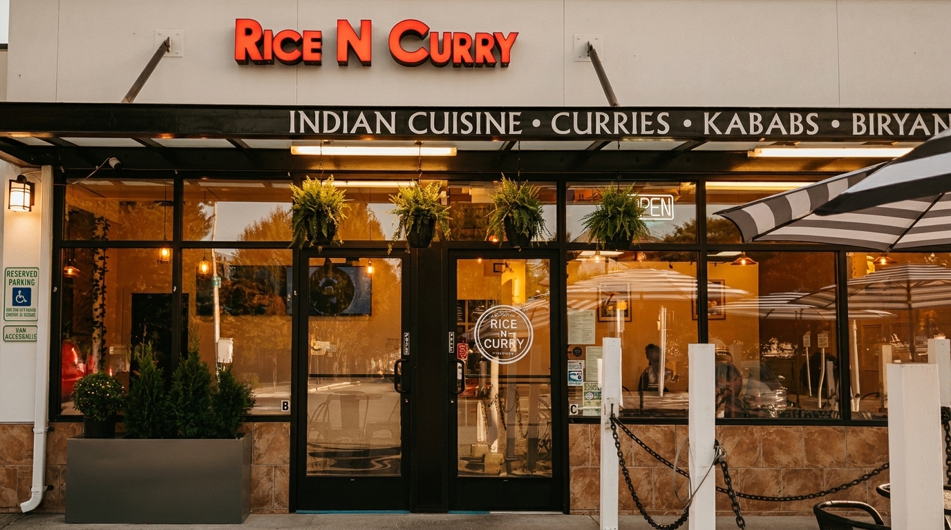 Exterior of Rice N Curry Indian restaurant with a black and white striped umbrella.