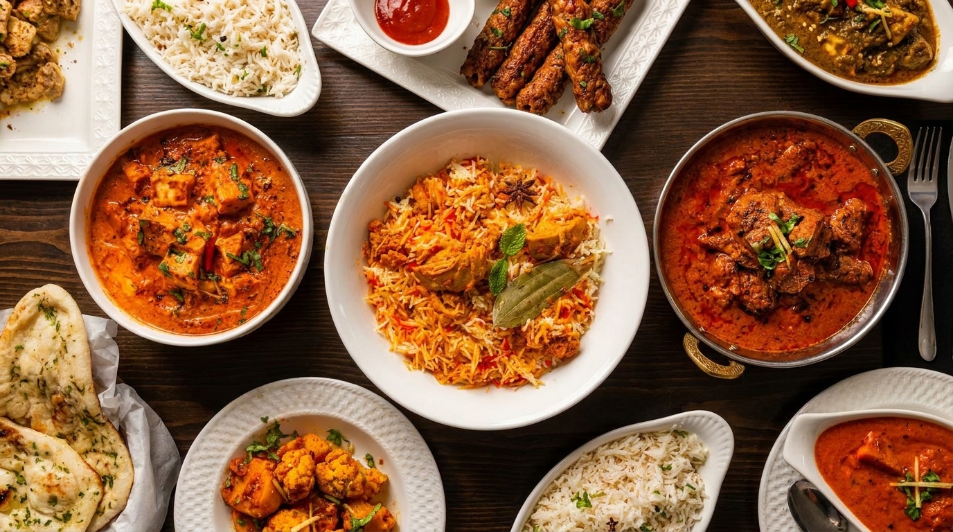 A top-down view of a variety of Indian dishes, including curries, biryani, rice, and naan.