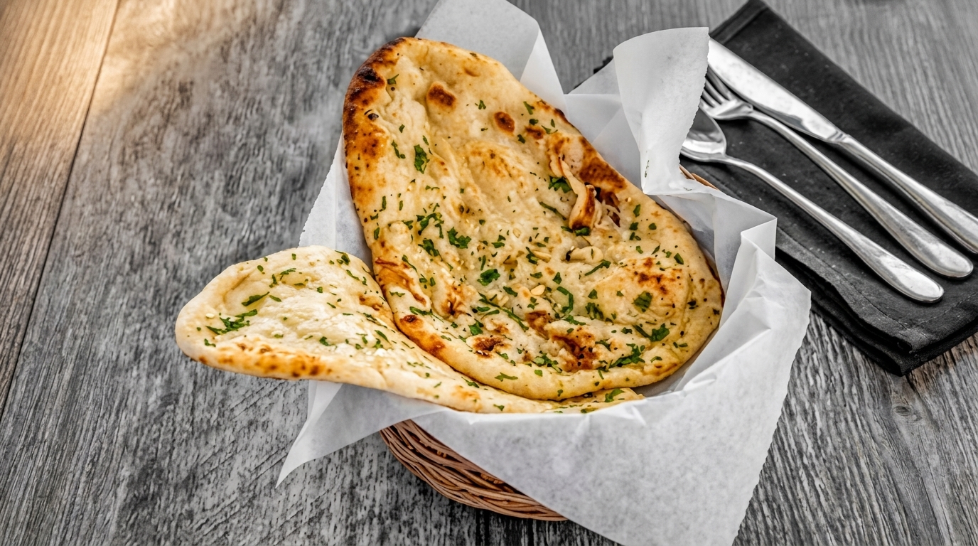 Two pieces of naan bread with herbs in a basket, next to silverware on a black napkin.