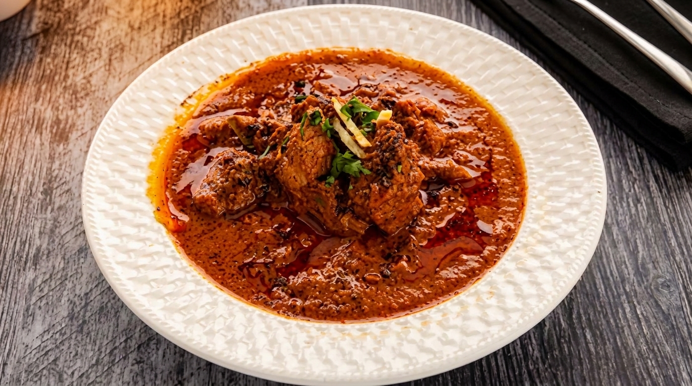 Spicy chicken curry with ginger and cilantro garnish, served on a white plate.
