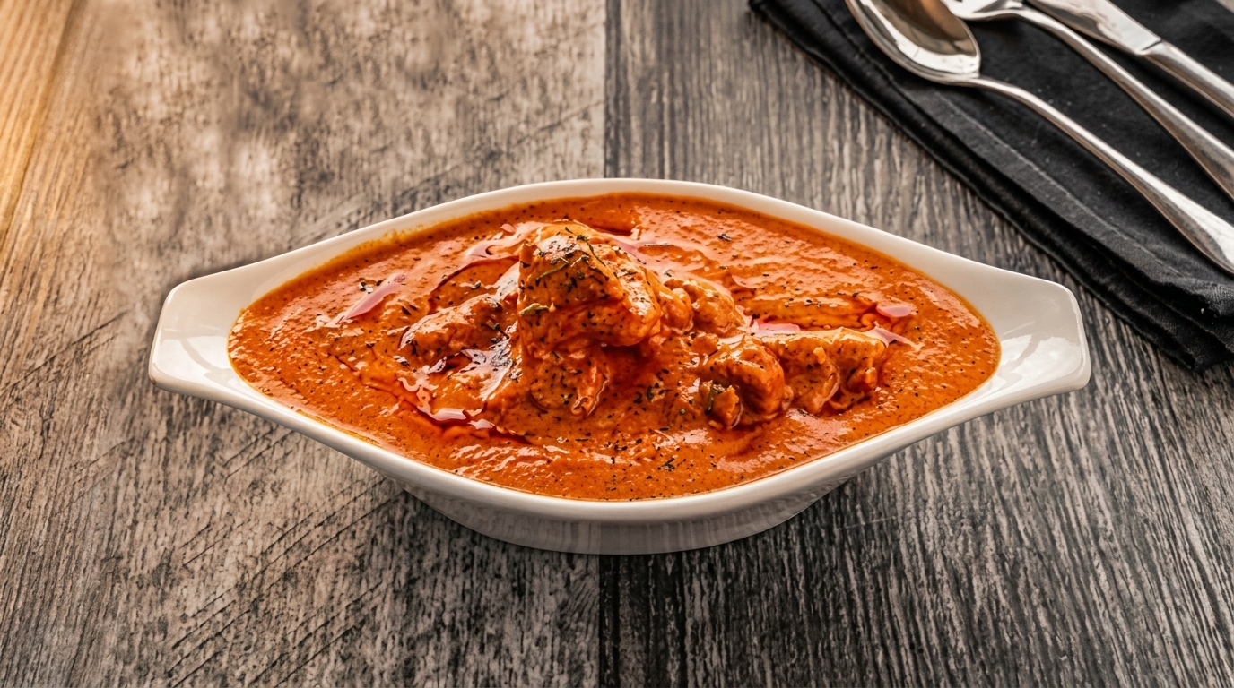 A white dish filled with vibrant orange butter chicken, garnished with herbs, on a wooden table.