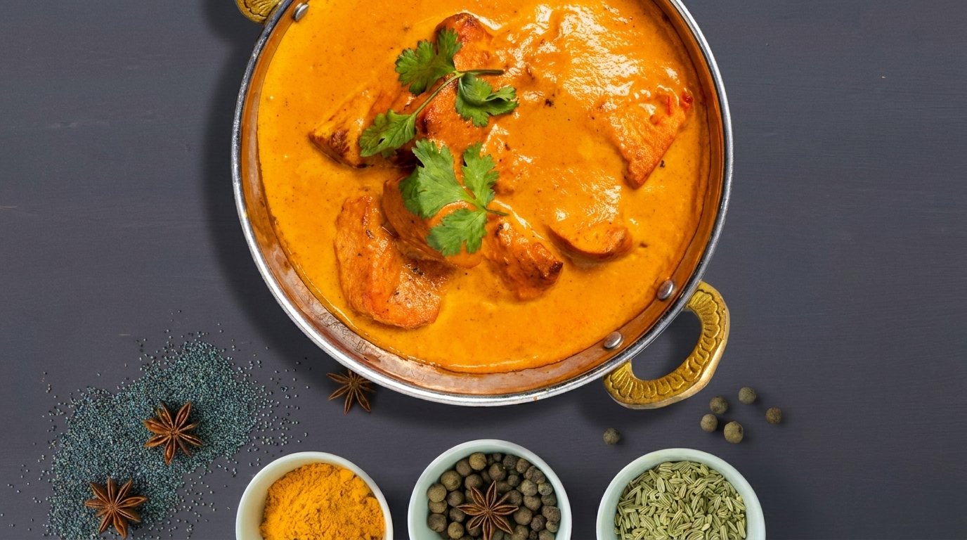 Overhead view of chicken tikka masala in a copper pot, surrounded by spices.