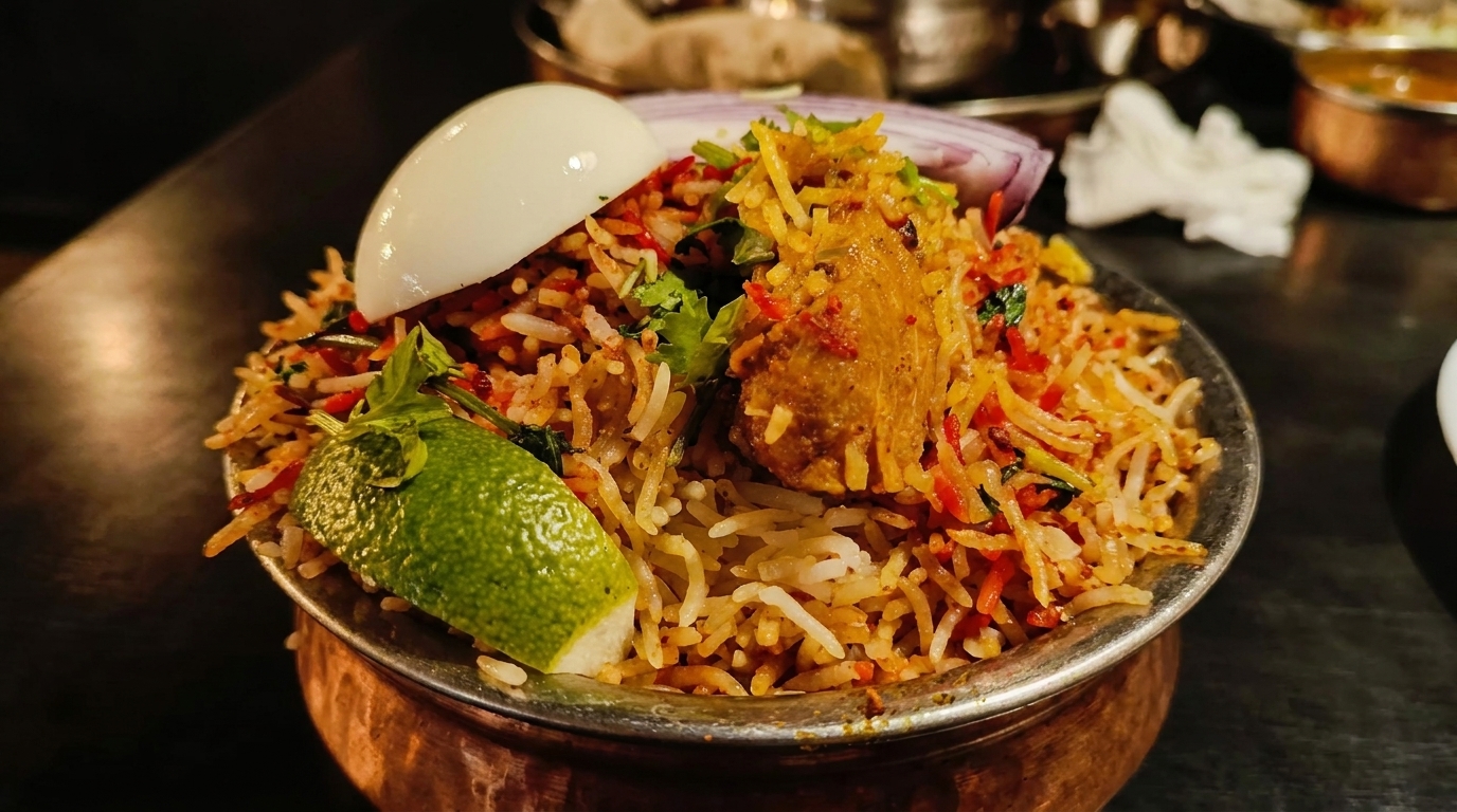 Chicken biryani in a copper pot, garnished with a hard-boiled egg, lime, and red onion.