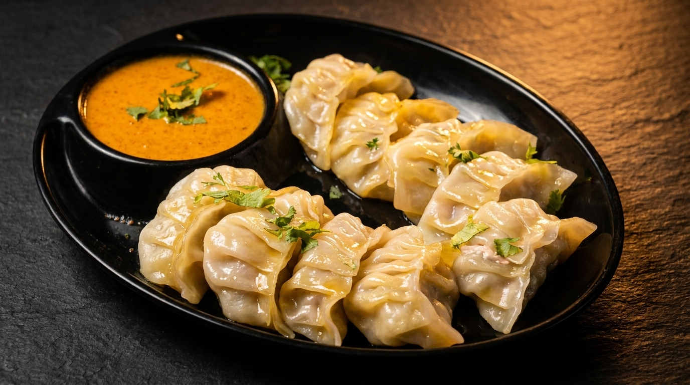 Steamed momos with a side of orange dipping sauce, garnished with cilantro on a black plate.