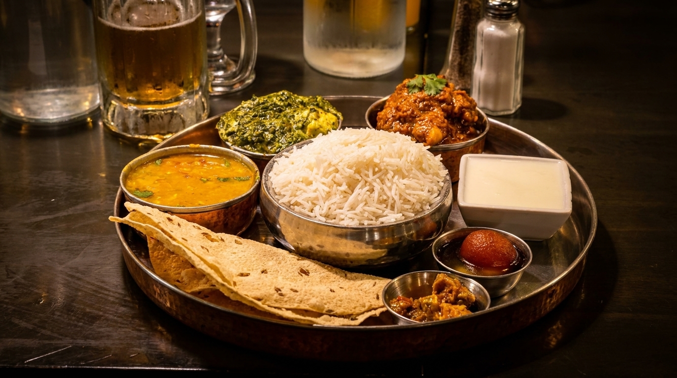 A thali platter with rice, dal, palak paneer, chicken curry, yogurt, gulab jamun, and papadum.