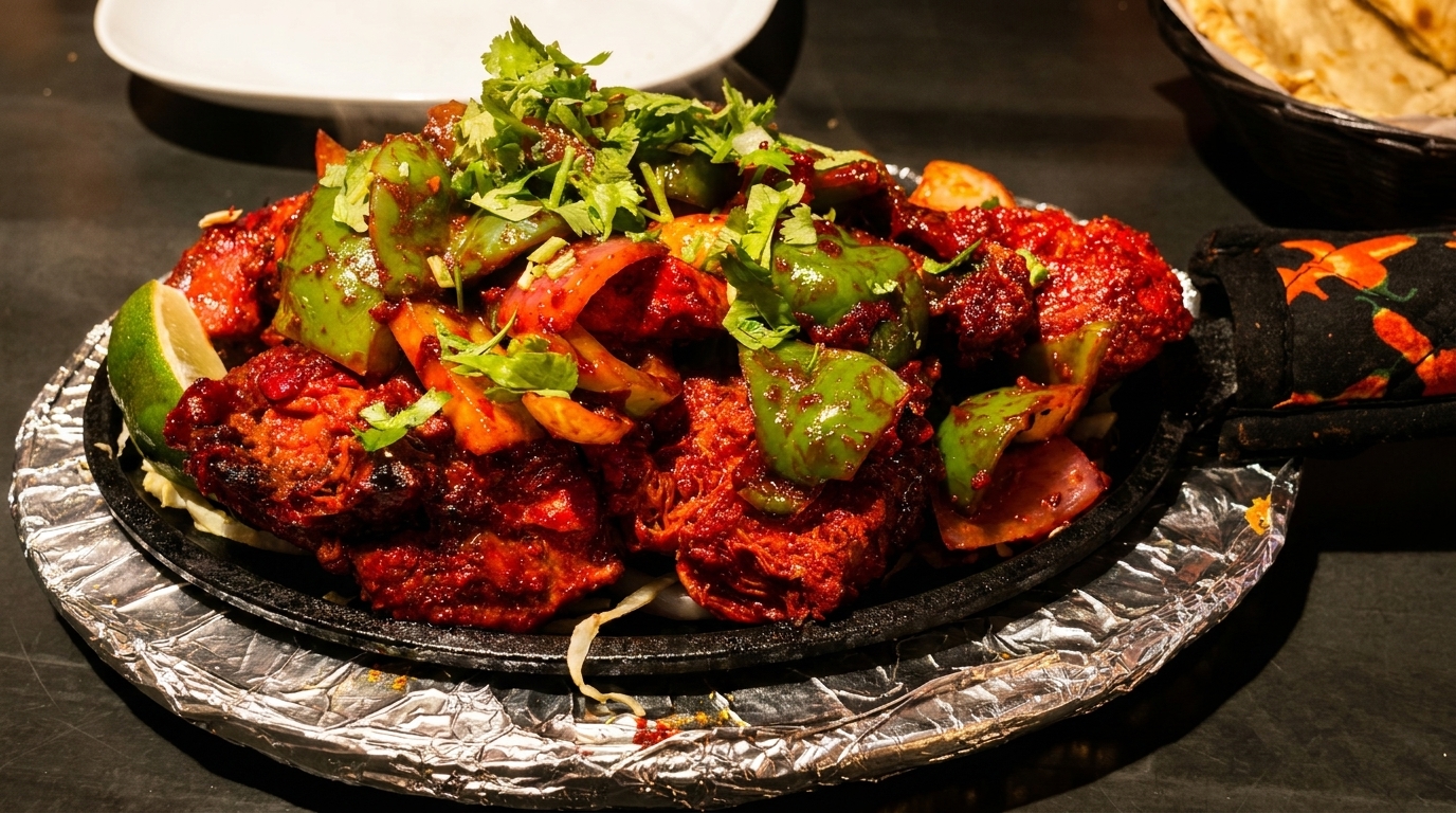 Sizzling red chicken tikka with green bell peppers, onions, and cilantro on a hot plate.