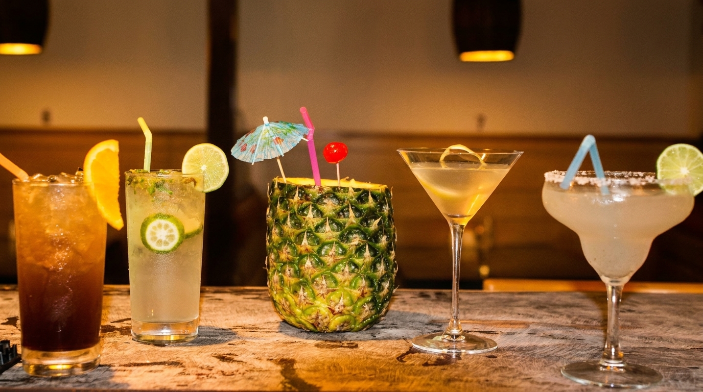 Five colorful cocktails, including one in a pineapple, on a rustic wooden bar.