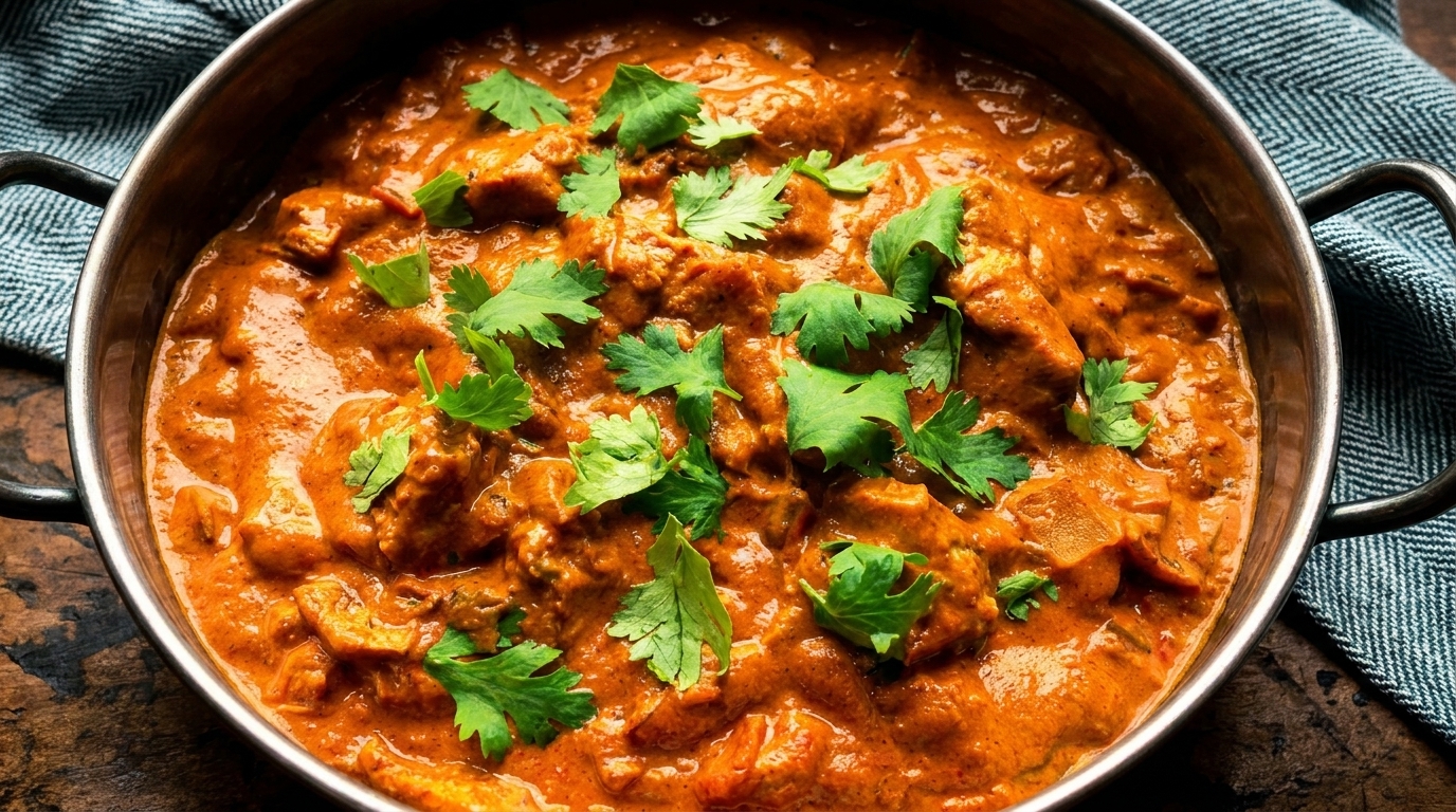 Close-up of a metal bowl filled with vibrant orange chicken curry, garnished with fresh green cilantro.
