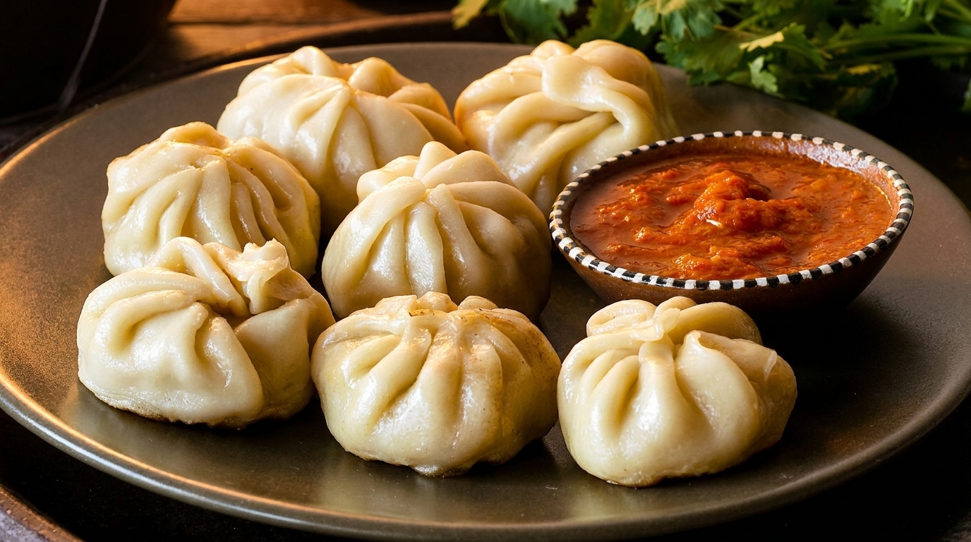 A plate of steamed momos with a side of red chili sauce and cilantro.