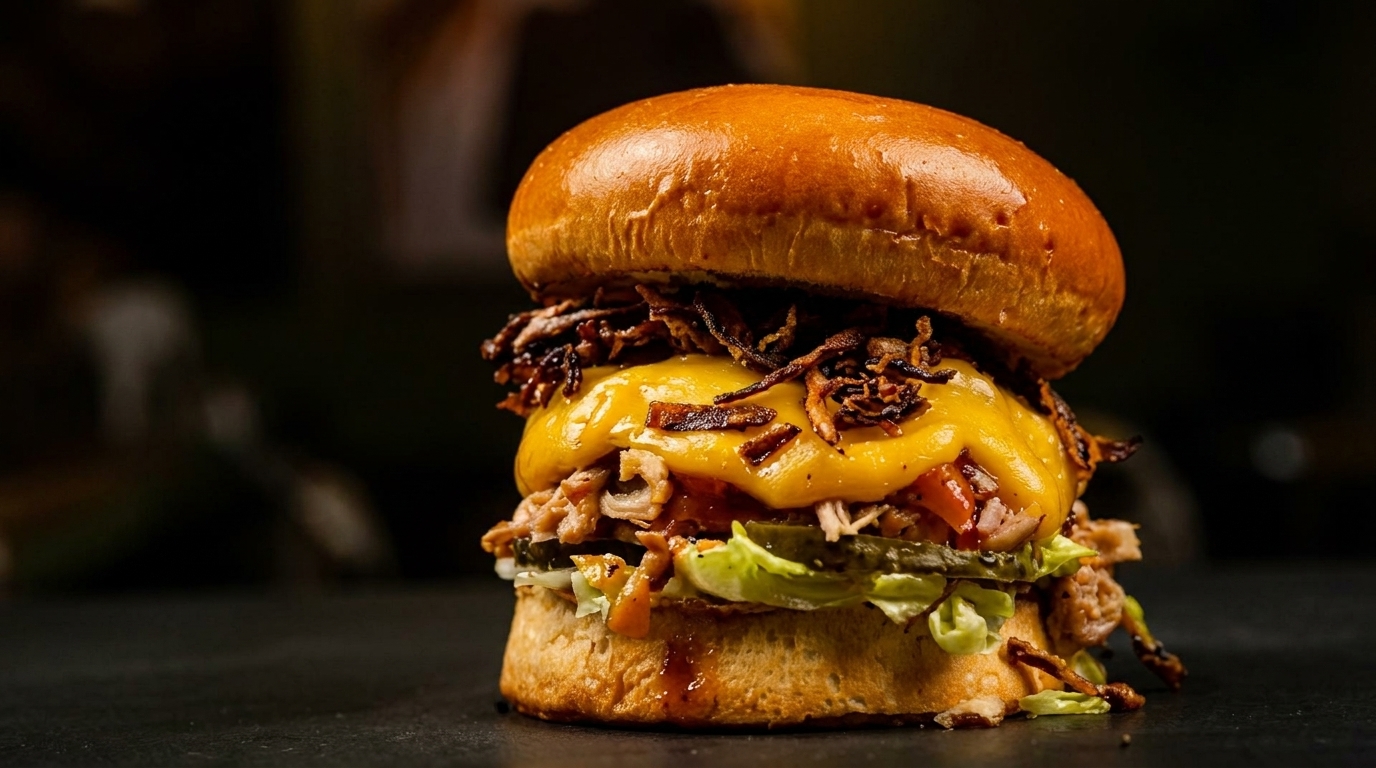 A close-up of a gourmet burger with melted cheese, pulled pork, crispy onions, lettuce, and pickles.